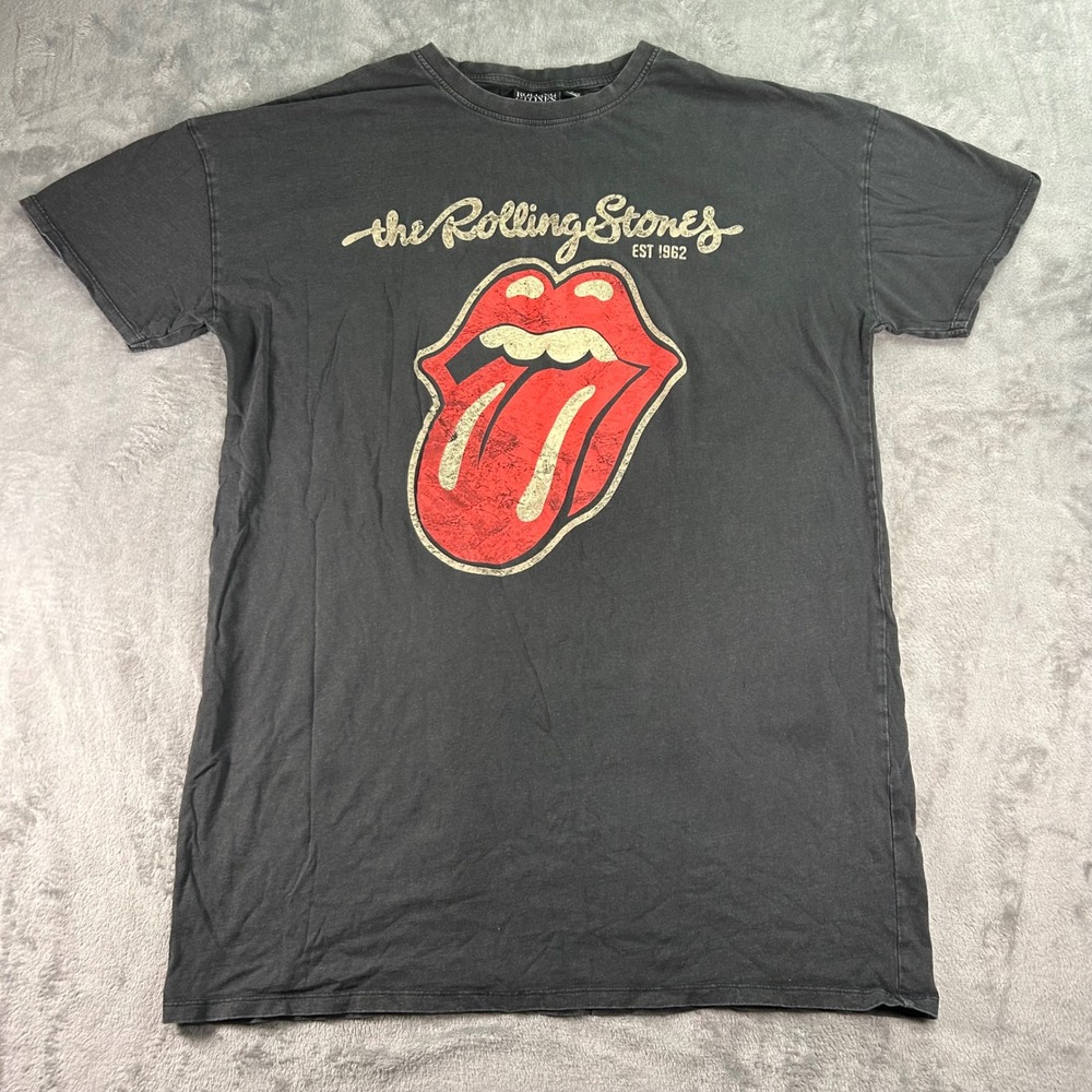 Rolling Stones Graphic T-Shirt Faded Black Tongue Logo Band Tee Medium